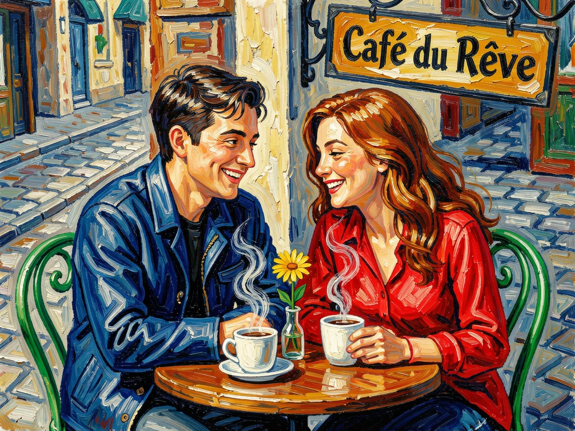 A young couple sharing a quiet laugh over coffee at a small café table.