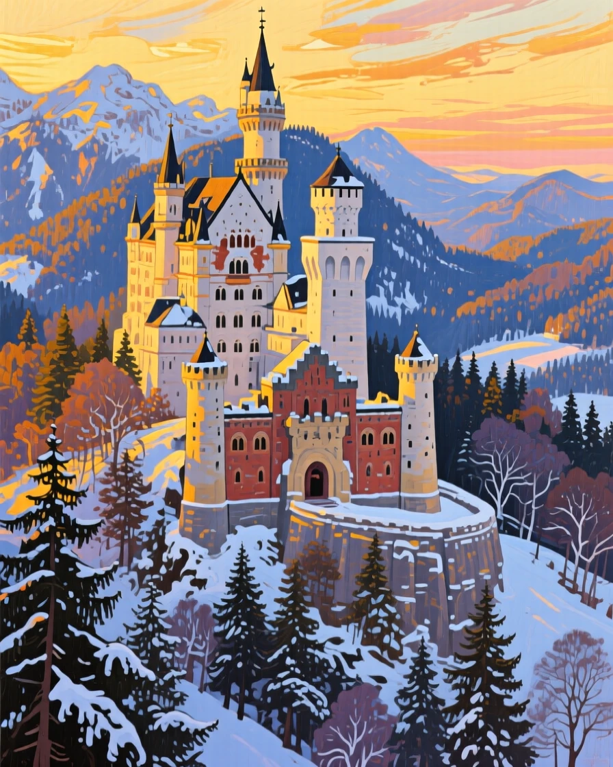Neuschwanstein Castle perched above a pine forest valley, bathed in golden sunset light, snow dusting every surface
