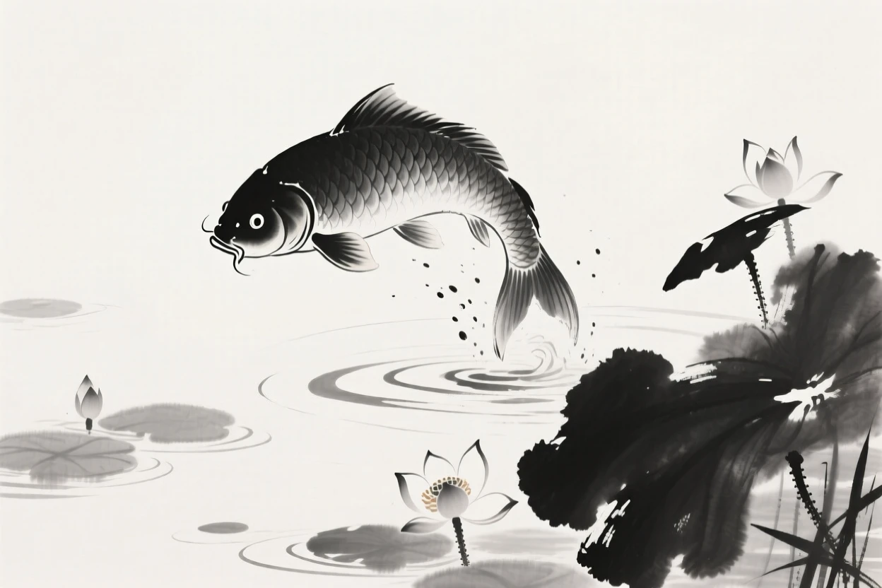A single carp leaps above the surface of a garden pond, with lotus blossoms floating nearby.