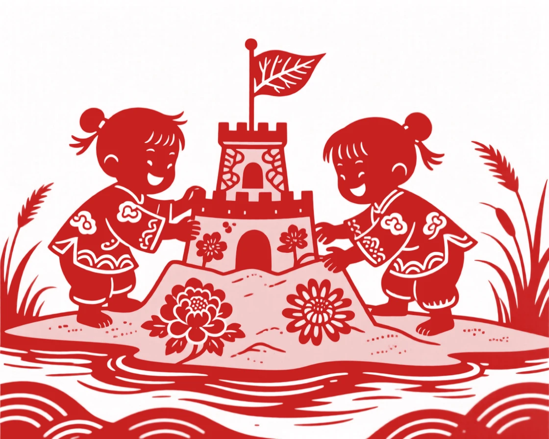 Two children building a sandcastle on a riverbank, a small flag made of a leaf planted on top