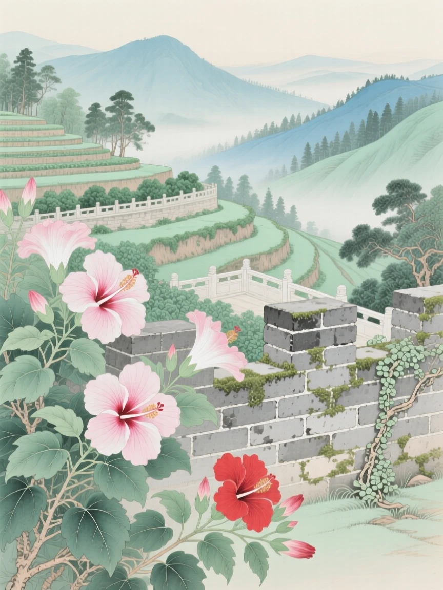 Hibiscus flowers by a garden wall in a terraced garden overlooking a valley