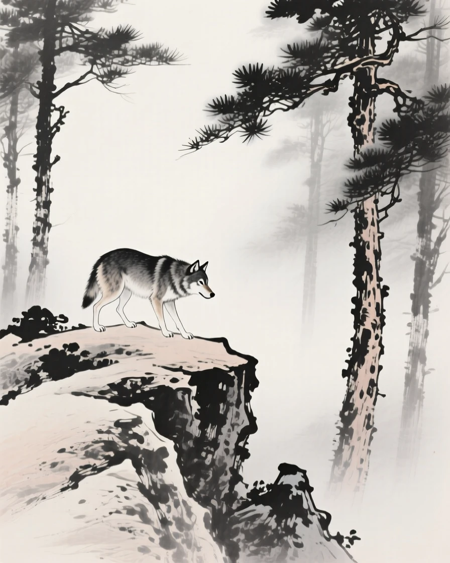 A wolf moving cautiously along a rocky ridge in a misty pine forest, seen from a respectful distance within its natural surroundings, carrying a sense of quiet dignity and wildness.