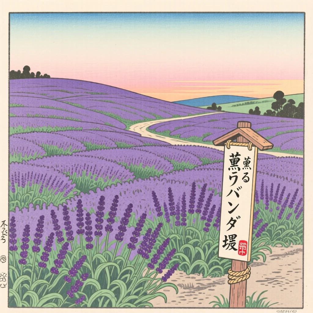 A field of blooming lavender under a soft pastel sky.