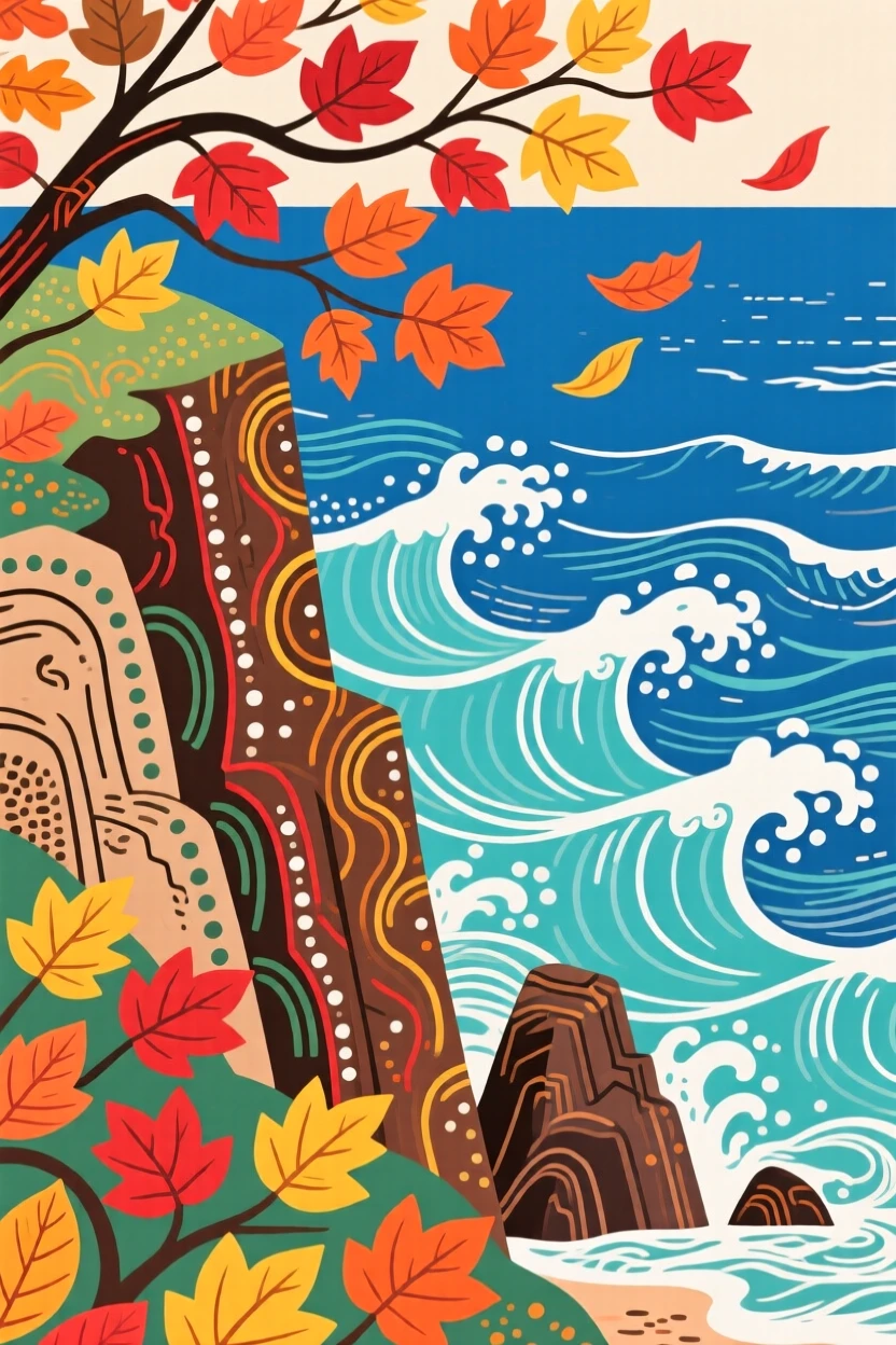 A sweeping view of a coastal cliff overlooking crashing waves with autumn leaves swirling in the wind.