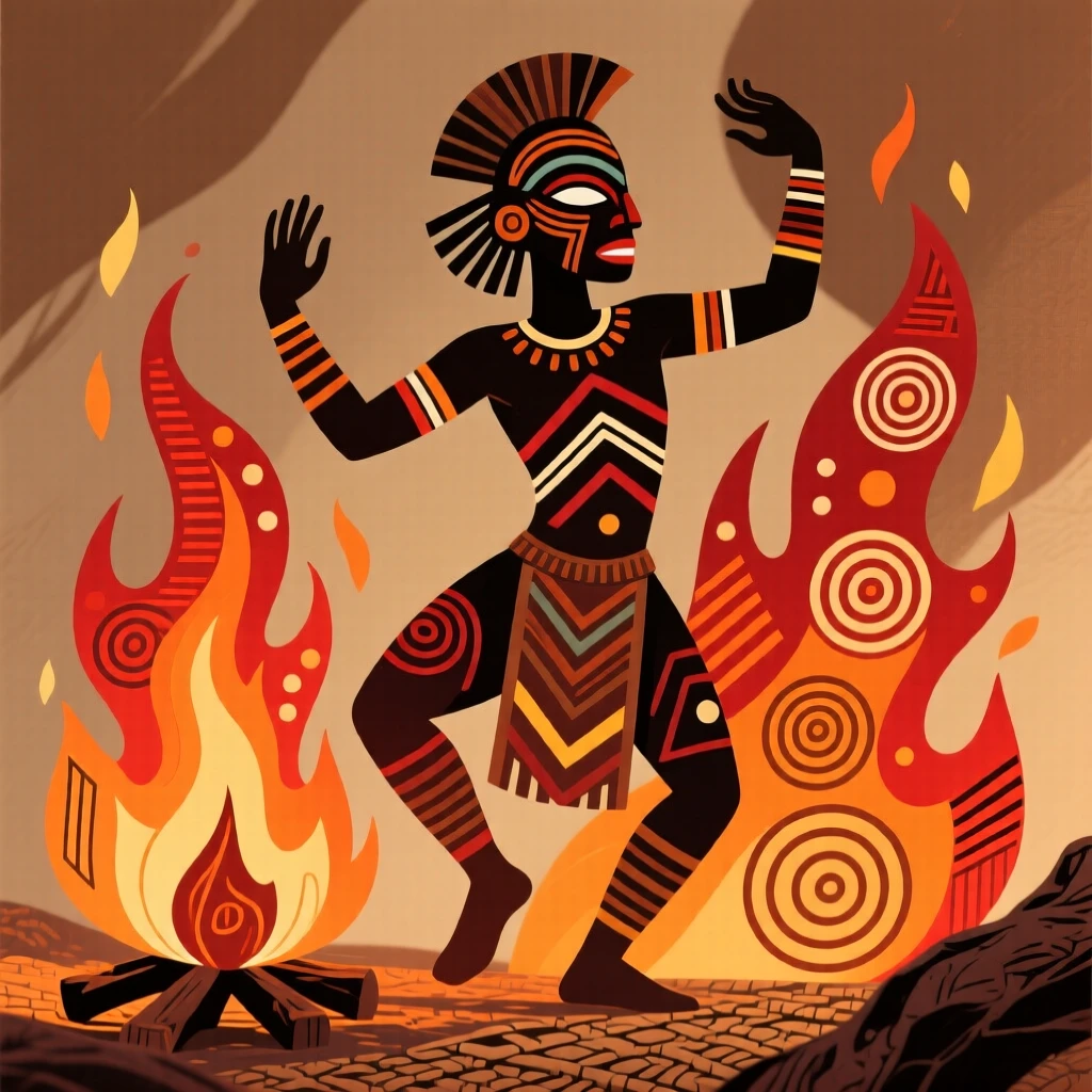 An ancestral spirit dancing among the flames of a ritual fire.