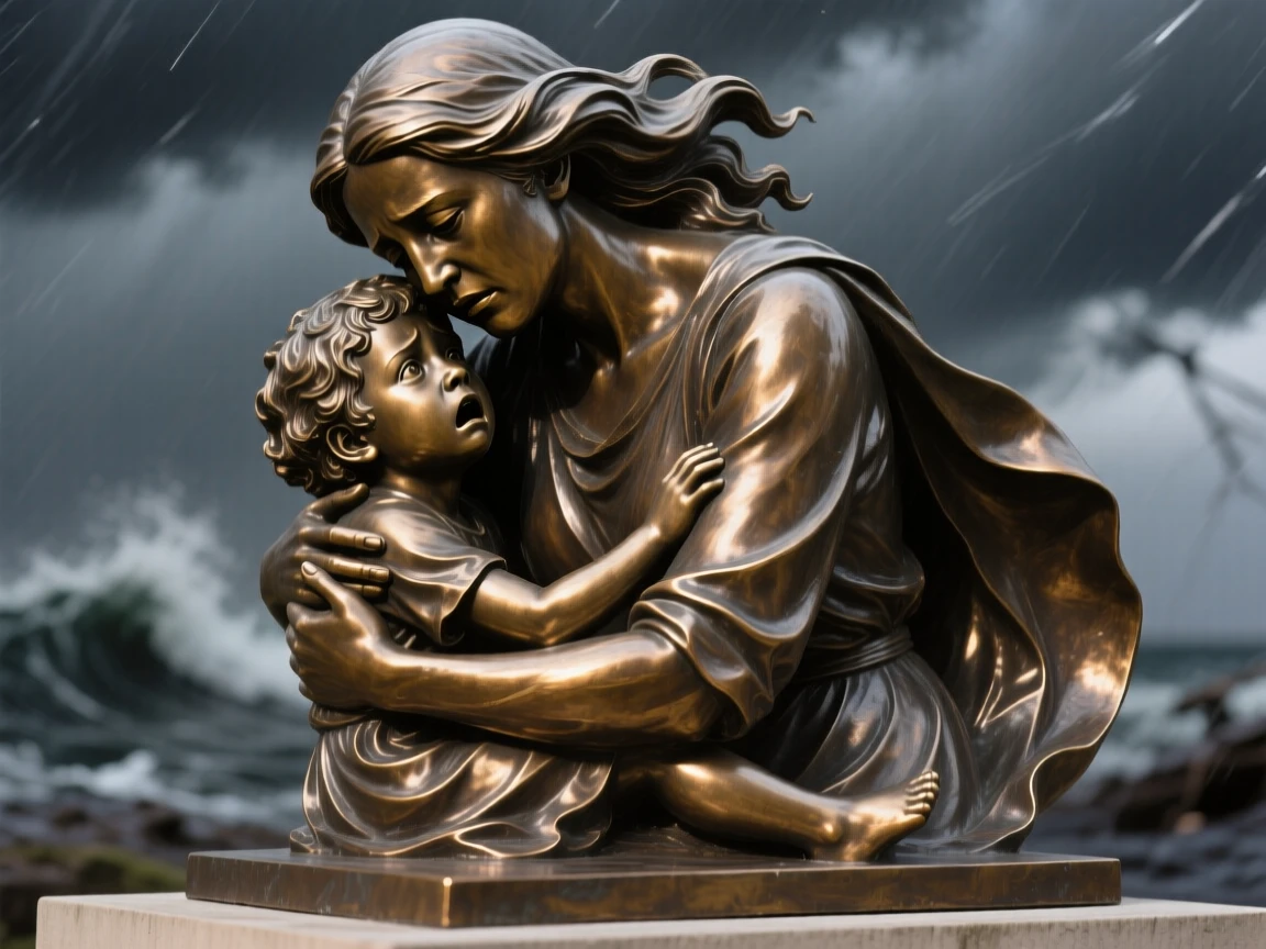 A mother comforting her frightened child during a storm, in a moment of pure emotion, forming a strong central focal point