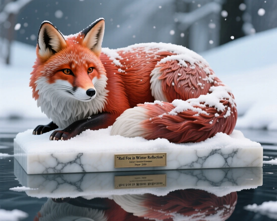 A striking close-up of a red fox in freshly fallen snow, full of life and grace, reflected in still, glassy water