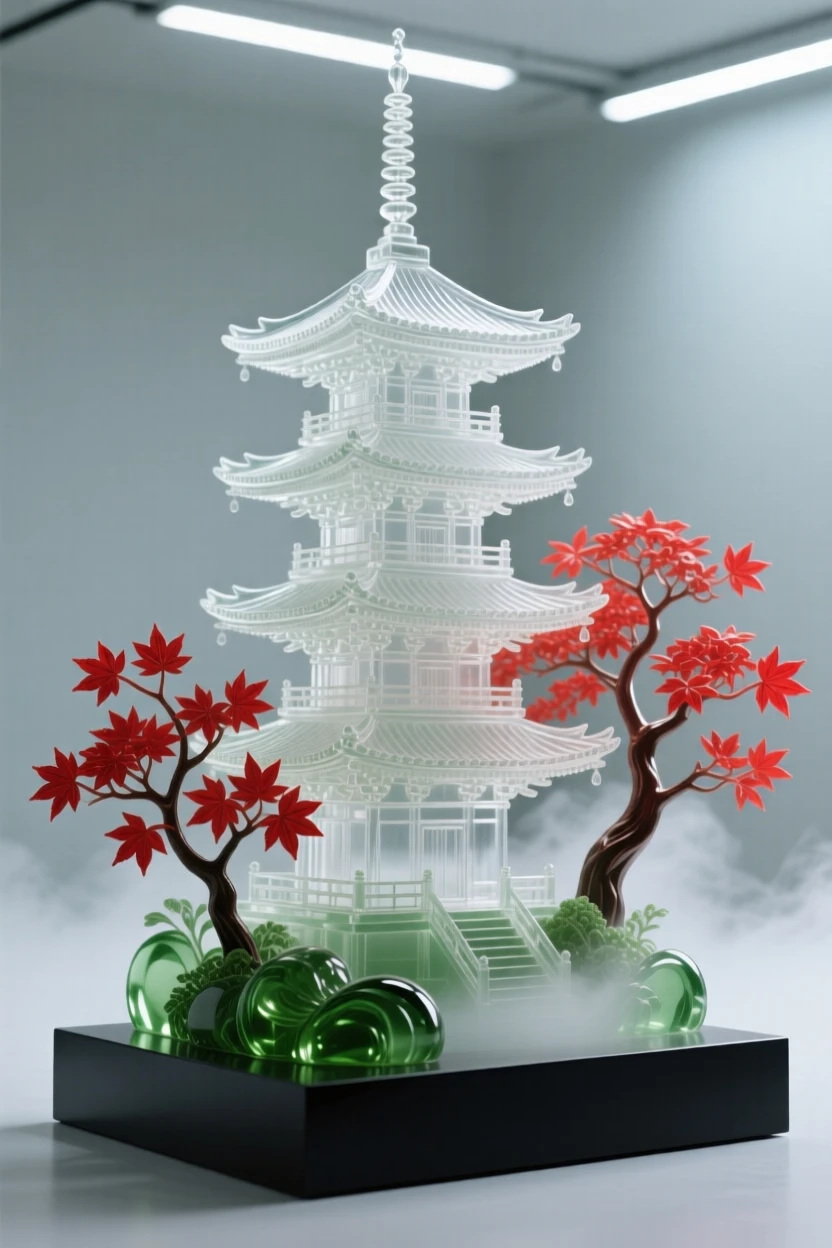A Kyoto pagoda surrounded by red maple trees surrounded by lush greenery and soft morning mist, wide establishing composition, feeling serene and majestic.