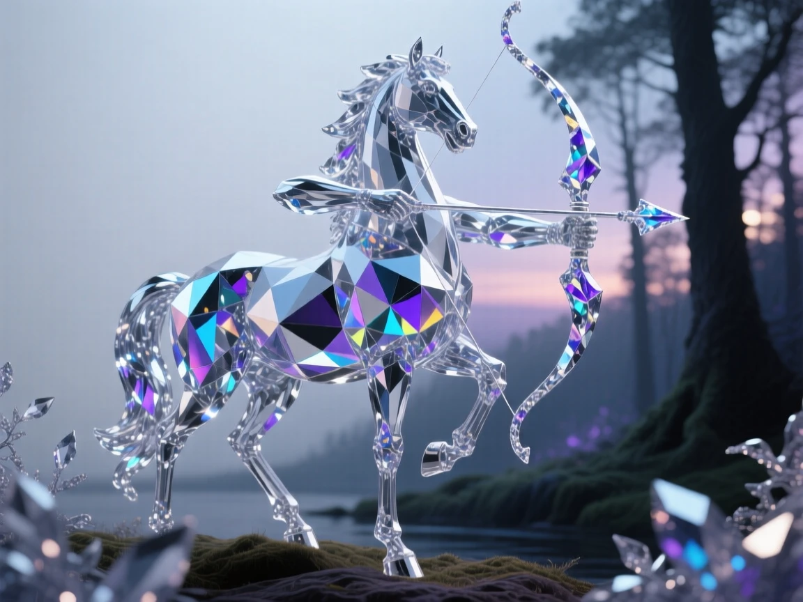 A centaur standing guard at the edge of an enchanted forest at twilight.