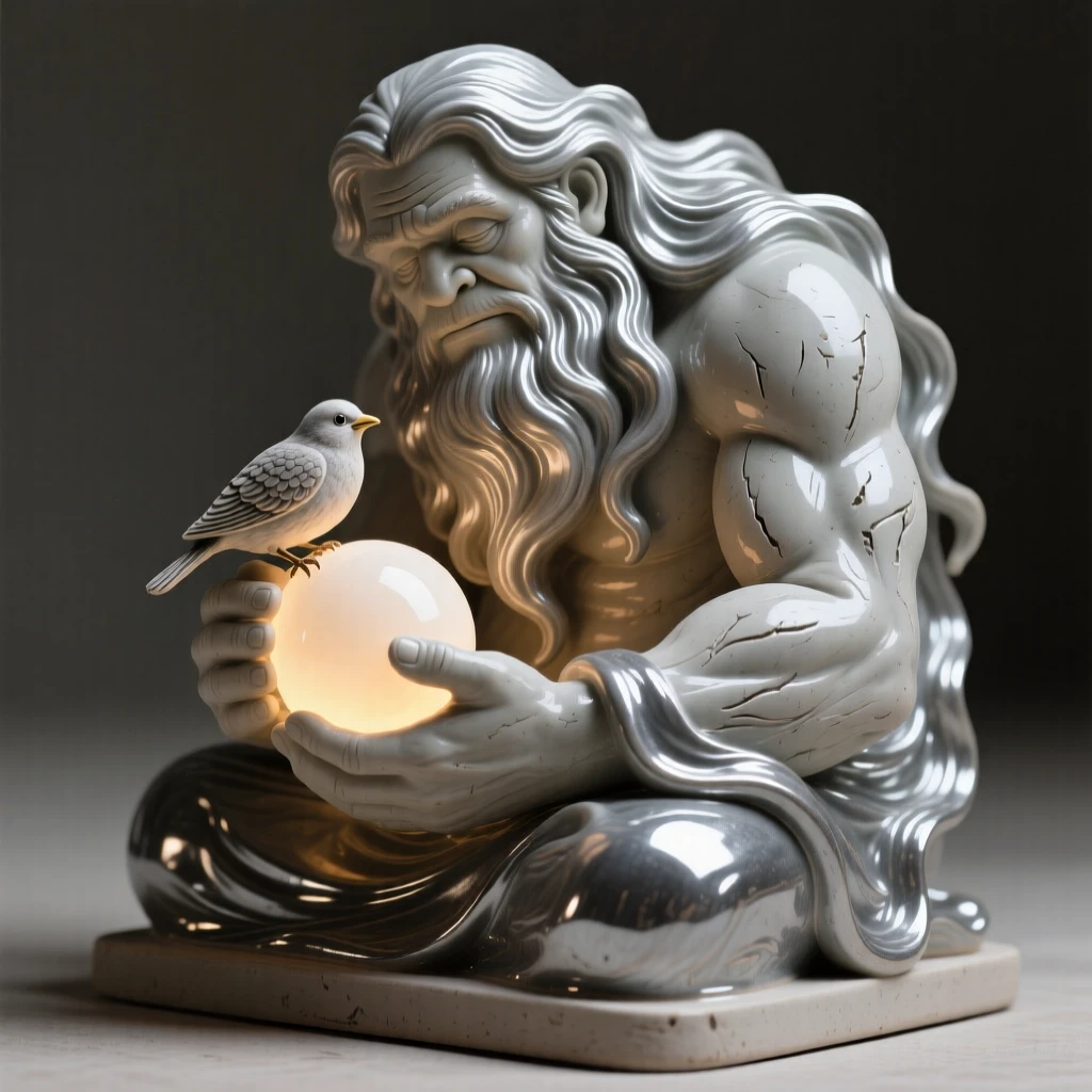 A benevolent giant cradling a small bird coiled protectively around a glowing orb, with a mane that flows like liquid silver, capturing the enchantment of forgotten legend.