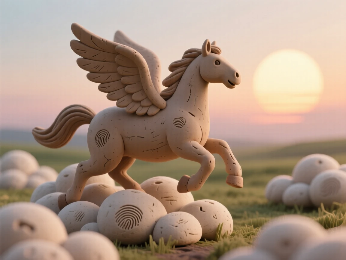 A winged horse galloping across a field of clouds at sunrise