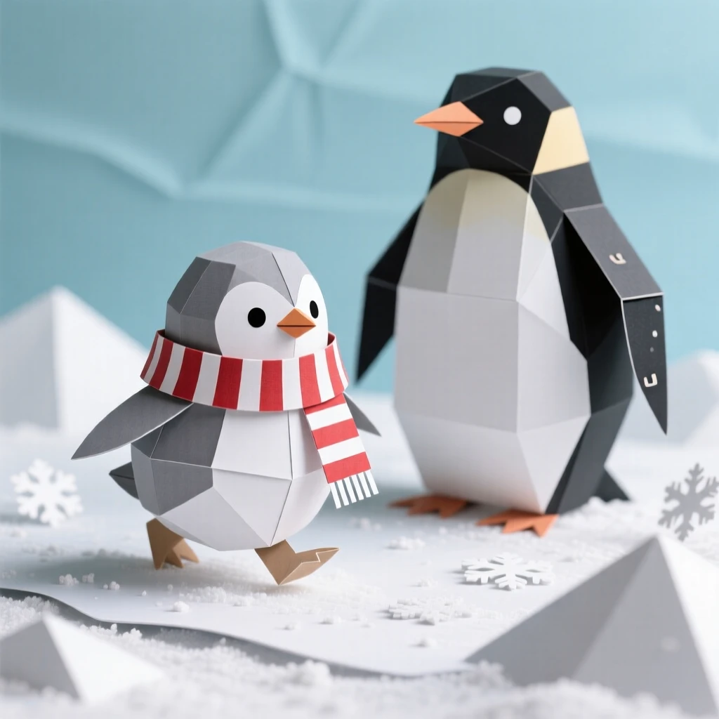 A small round penguin chick wearing an oversized scarf, waddling excitedly across fresh snow toward its parent, evoking heartwarming charm.
