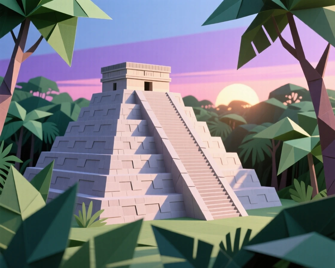 Chichen Itza's stepped pyramid rising above the Yucatan jungle canopy at sunrise.