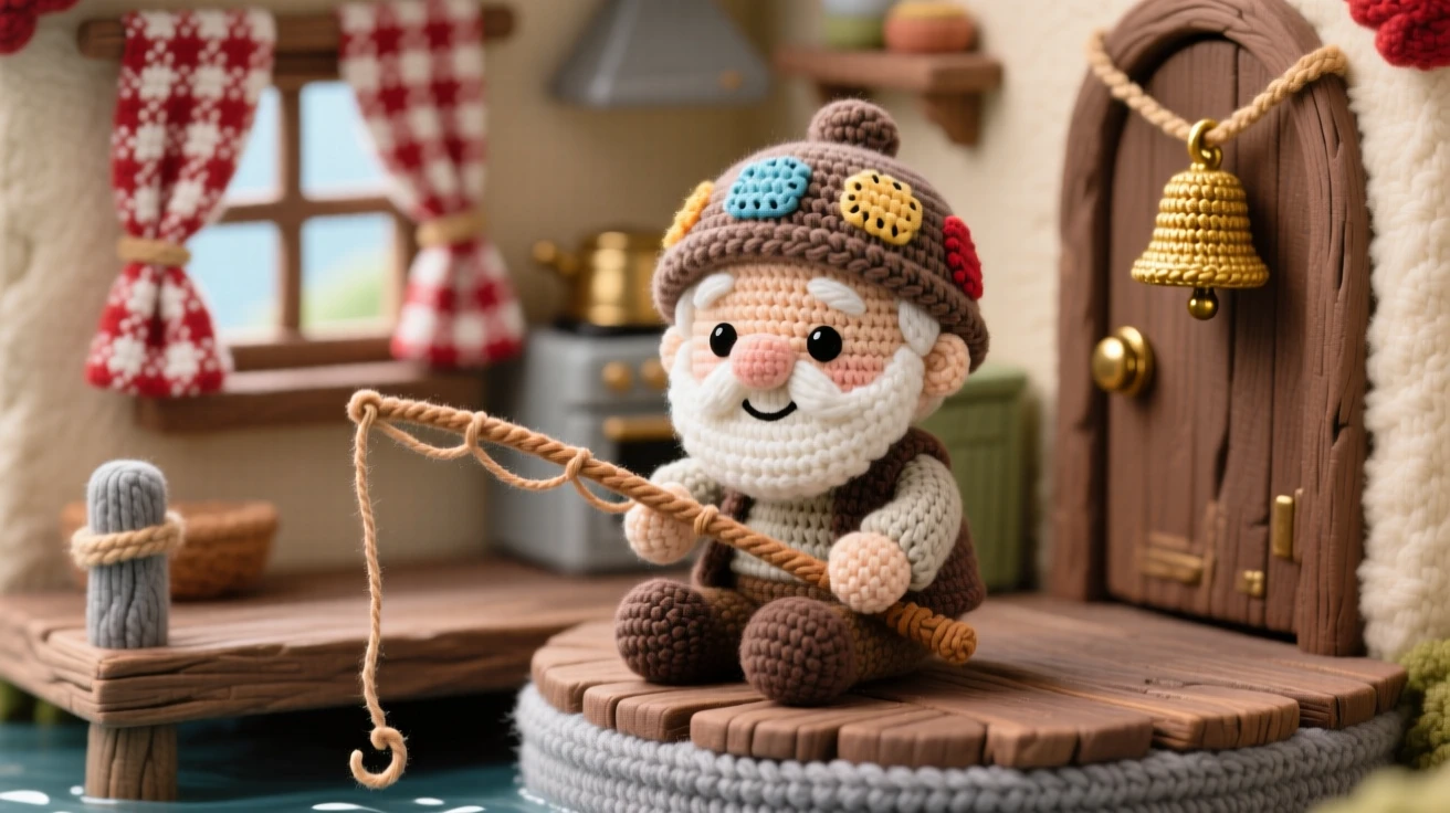 A charming scene of a gentle grandfather fishing with a patched hat and a simple rod, sitting peacefully at a riverside dock inside a cozy cottage kitchen with checkered curtains; a small brass bell hanging by the door adds to the moment, full of a nostalgic, storybook warmth.
