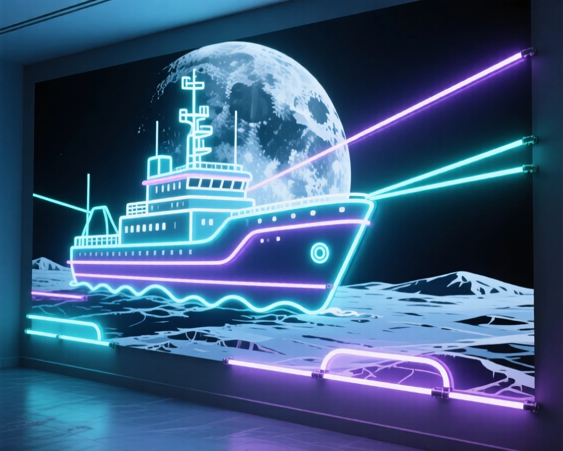 A wide establishing shot of a research vessel scanning the surface of a distant moon.