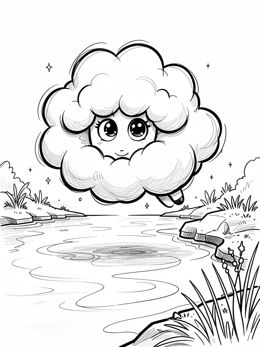 A cloud creature shaped like a sheep on the edge of an enchanted lake.