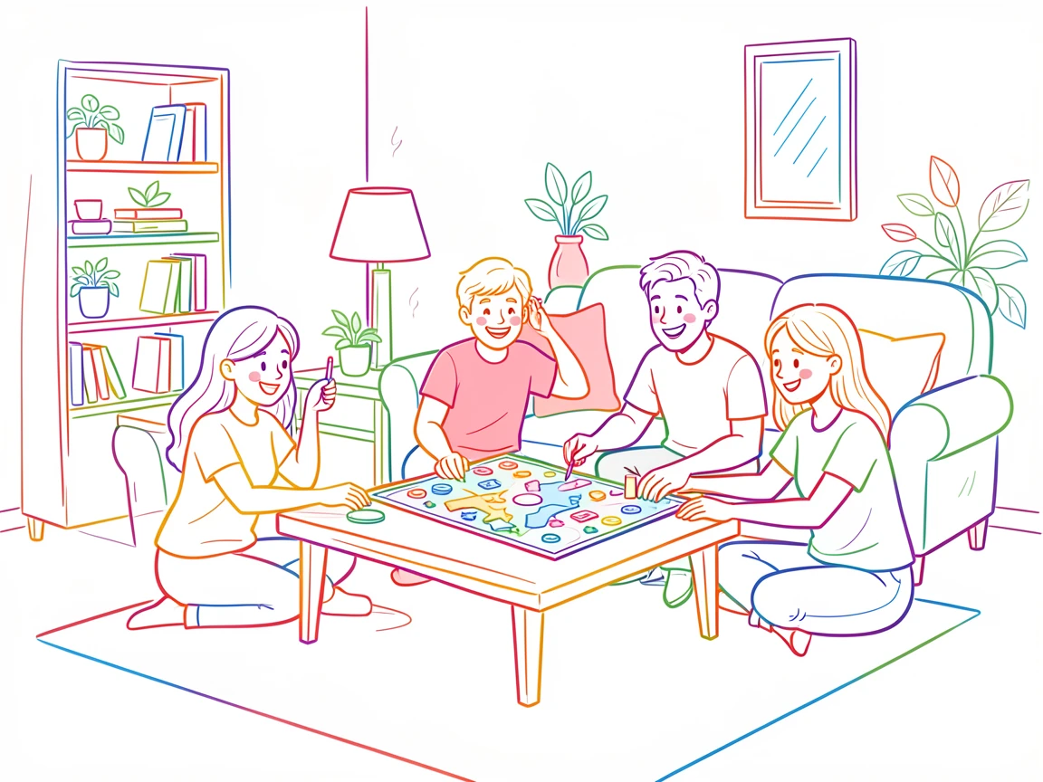 A family playing board games together around a living room coffee table.