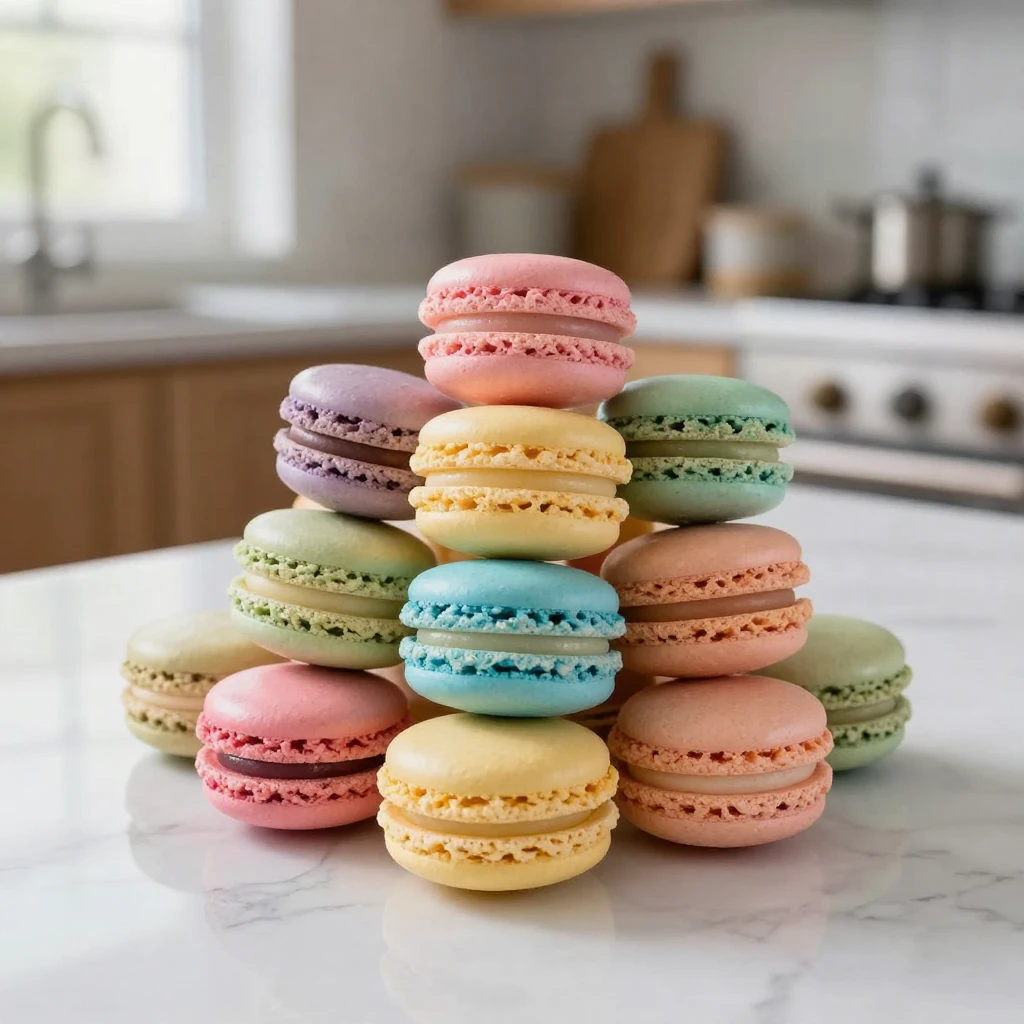 A stack of colorful macarons on a marble counter