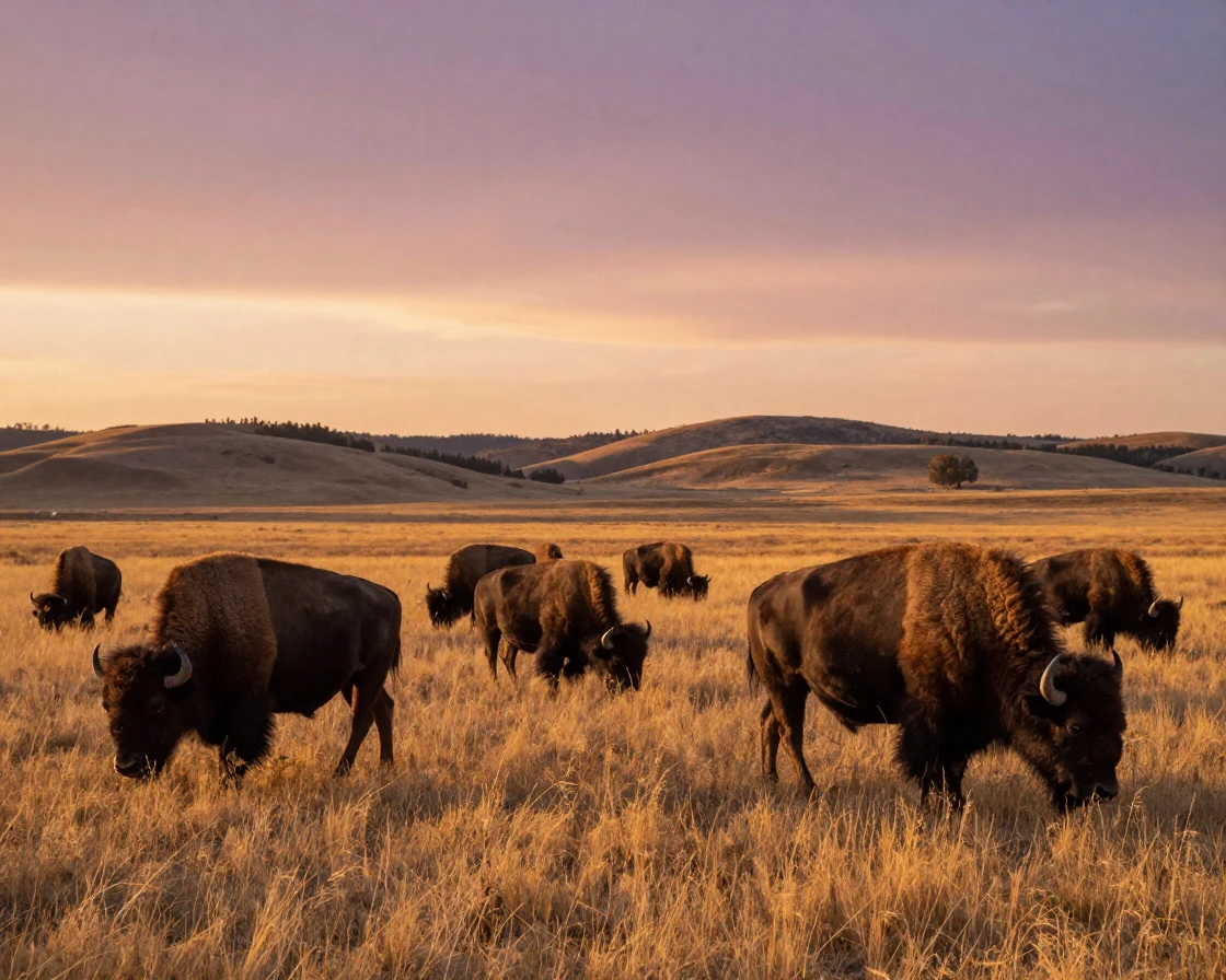 A herd of bison grazes calmly across a wide golden prairie at sunset.