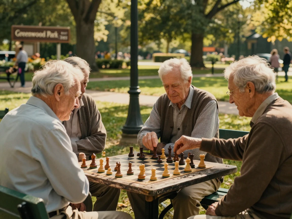 A group of elderly friends playing chess in a sunny park, deep in concentration