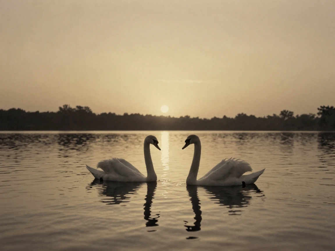 A pair of swans gliding across a still lake, under a glowing sunset sky, on a clear, cloudless day, in the height of summer, with stark black-and-white contrast softened by a single warm hue, viewed from across the room.