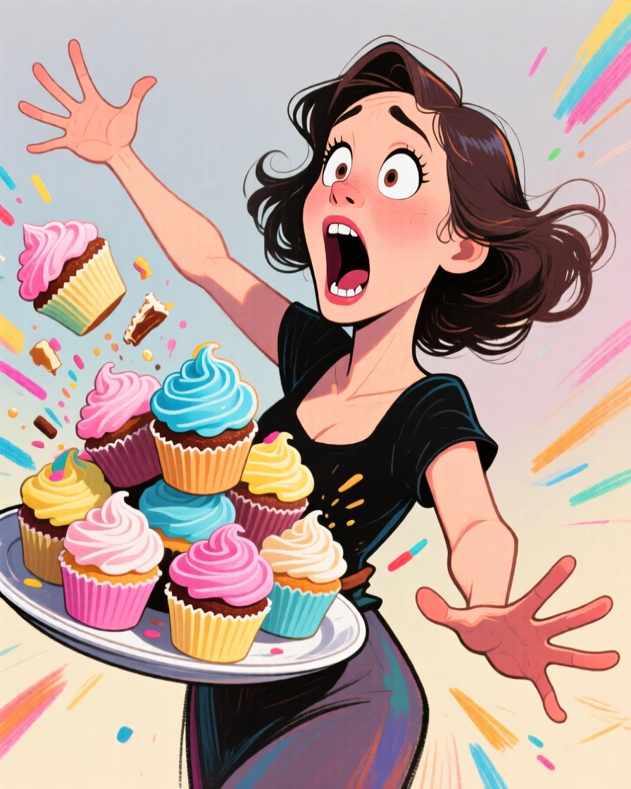 A woman balancing a tray of cupcakes that's about to topple over.
