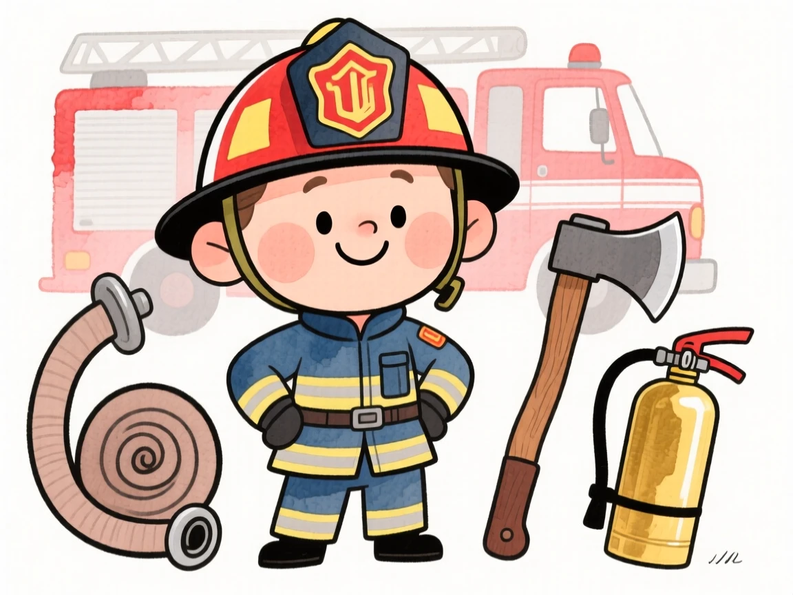 A firefighter posing with the instruments of their craft