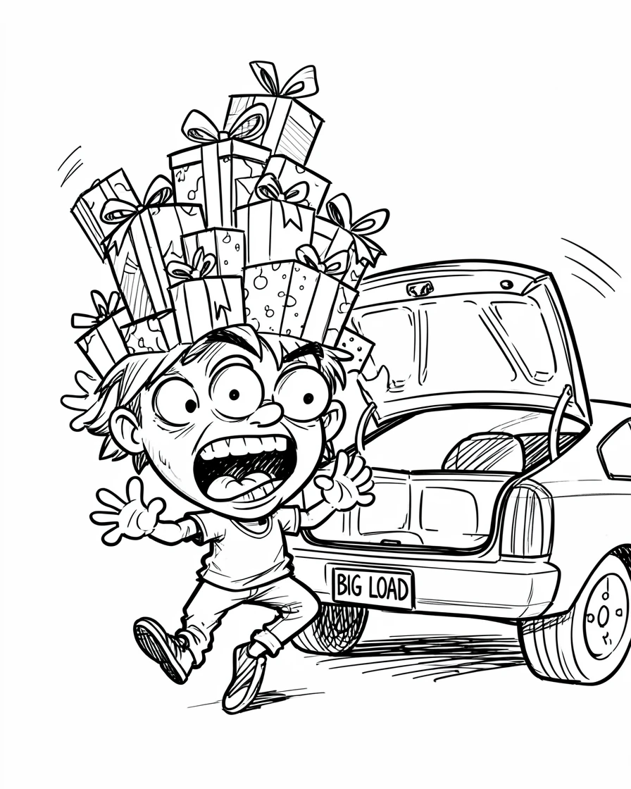 [Funny & Exaggerated Situations] Comical scene of a person overloaded with wrapped gifts stumbling toward a car trunk, exaggerated for maximum laughs