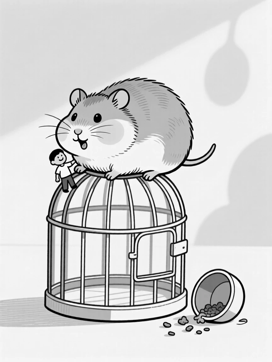 A fat hamster stuffing its cheeks impossibly full, leaning its whole body weight against a tiny human, set perched on top of a birdcage. A food bowl sits tipped over and empty. It feels like the kind of photo that instantly earns a smile.