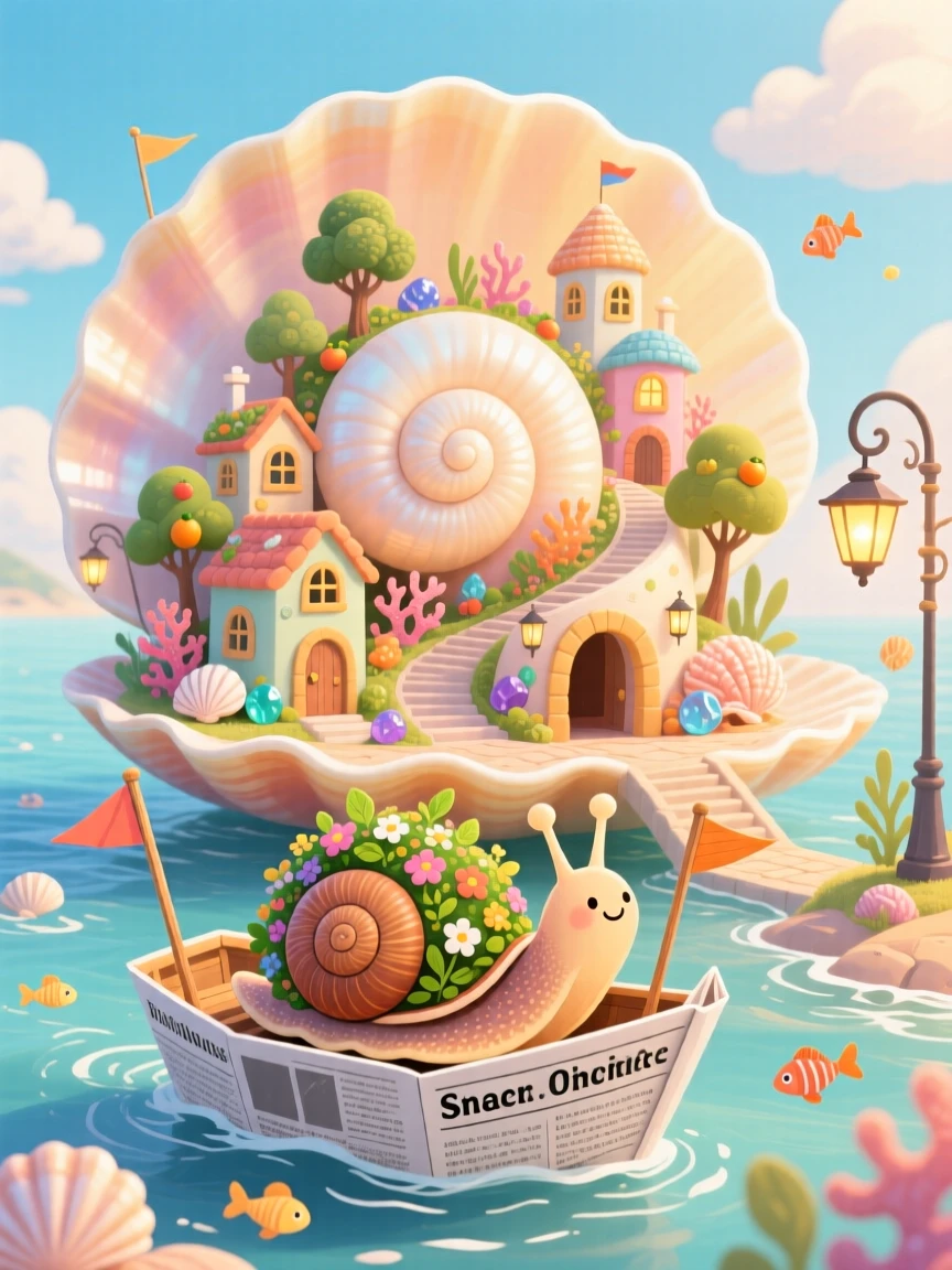 In a city built inside a giant seashell, a snail carrying its own garden spends the day sailing a boat made from a folded newspaper, with tiny flags fluttering in a light breeze.