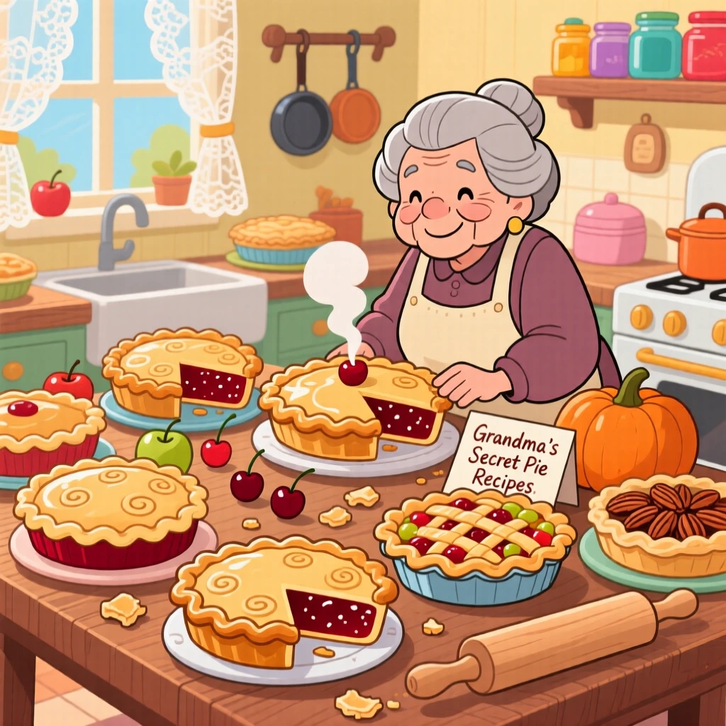 A grandmother's kitchen table filled with homemade pies.