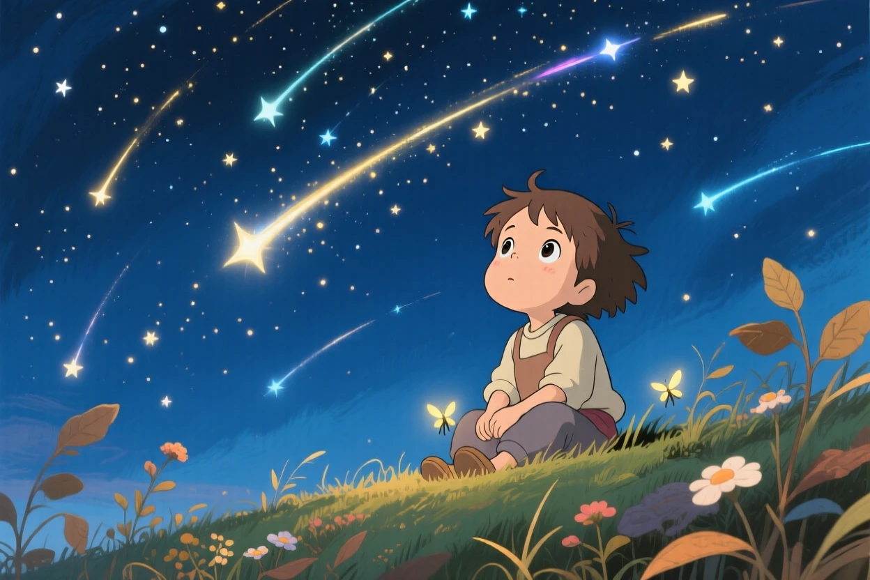 A nighttime scene of a child gazing up at a sky full of shooting stars, peacefully luminous.
