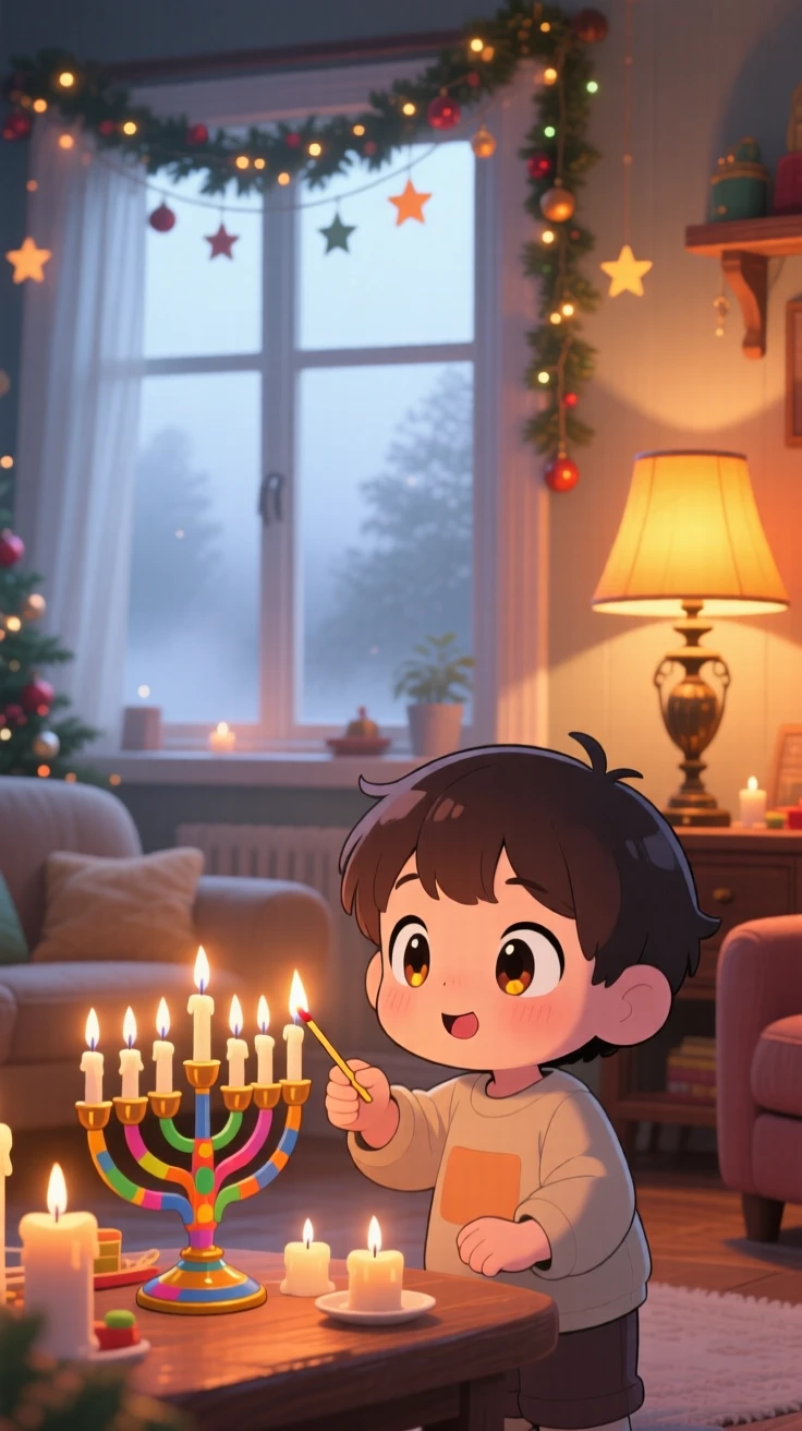 Wide establishing shot of a small child, lighting a menorah candle with careful focus, in a warmly decorated home, on a misty foggy morning, illuminated by warm lamplight, radiating curious excitement.