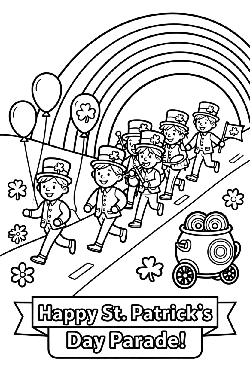 A St. Patrick's Day parade with leprechauns and rainbows
