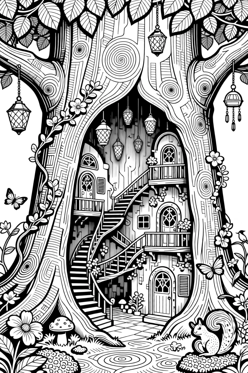 A fairy village built into the hollow of a giant tree trunk.