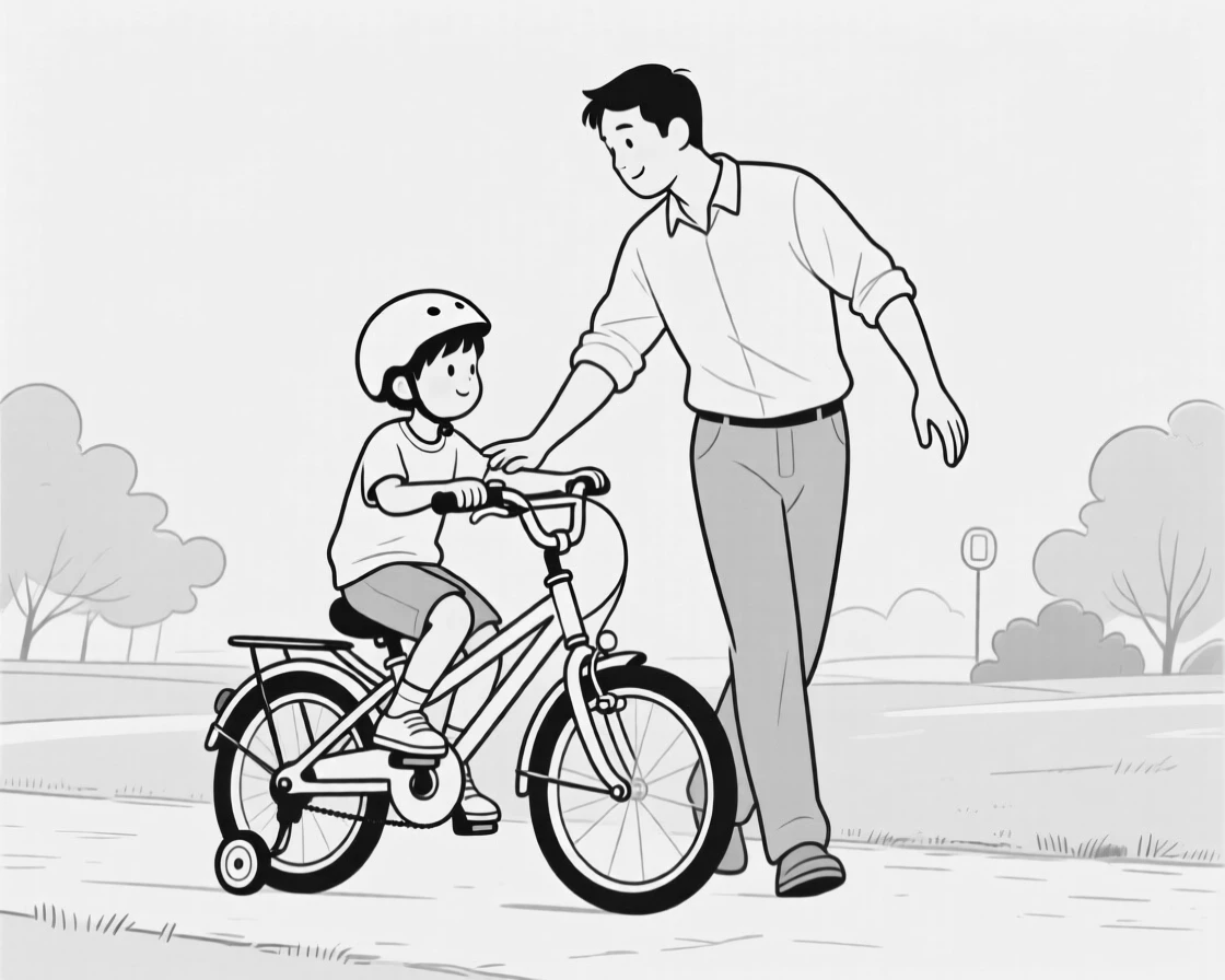 A father teaching his son to ride a bicycle
