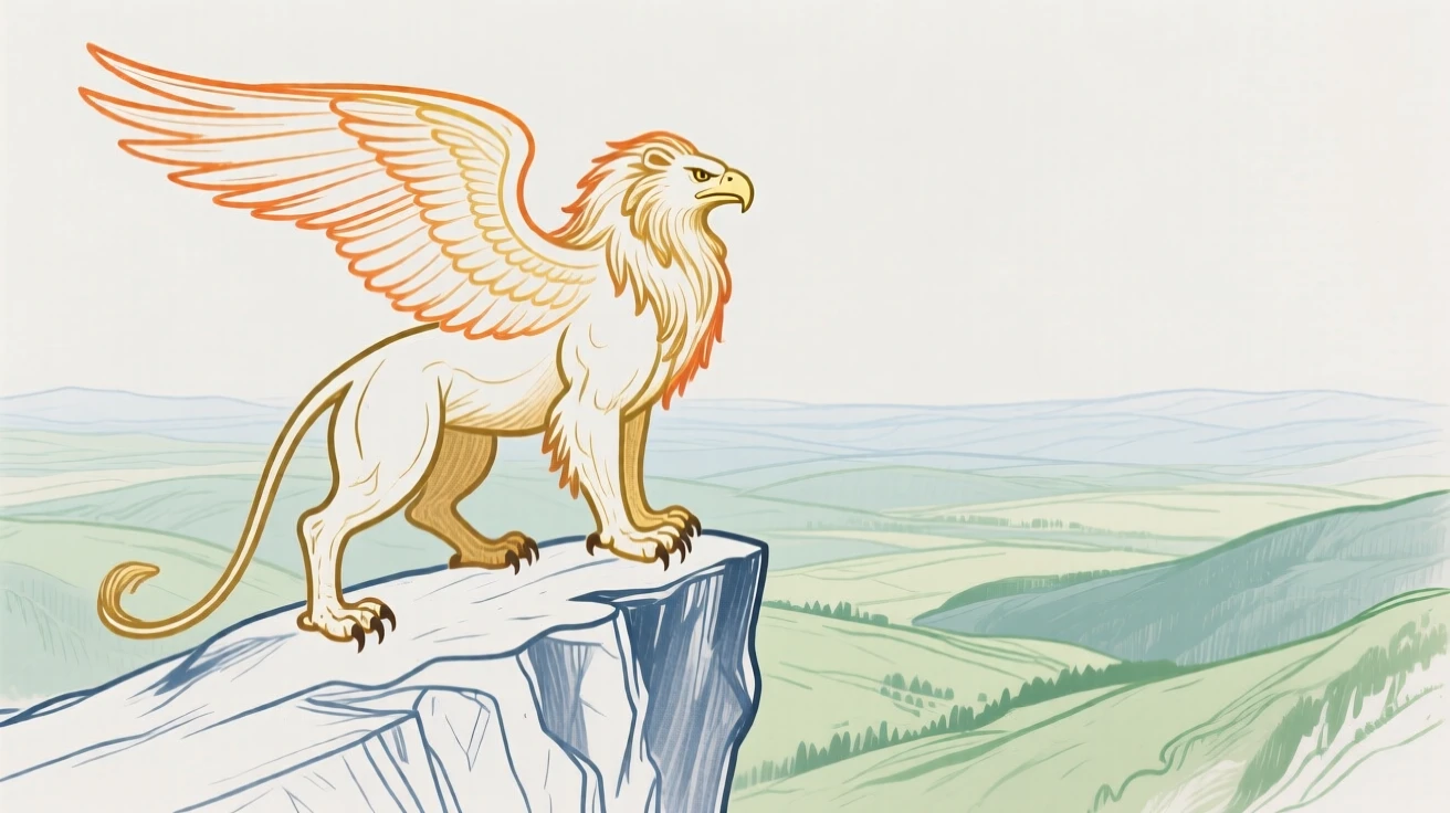 A griffin perched on a mountain cliff overlooking a valley.