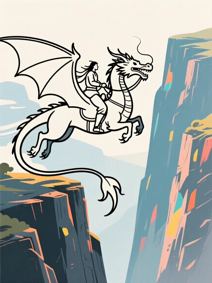 A dragon rider soaring through canyon cliffs on the back of a great beast.