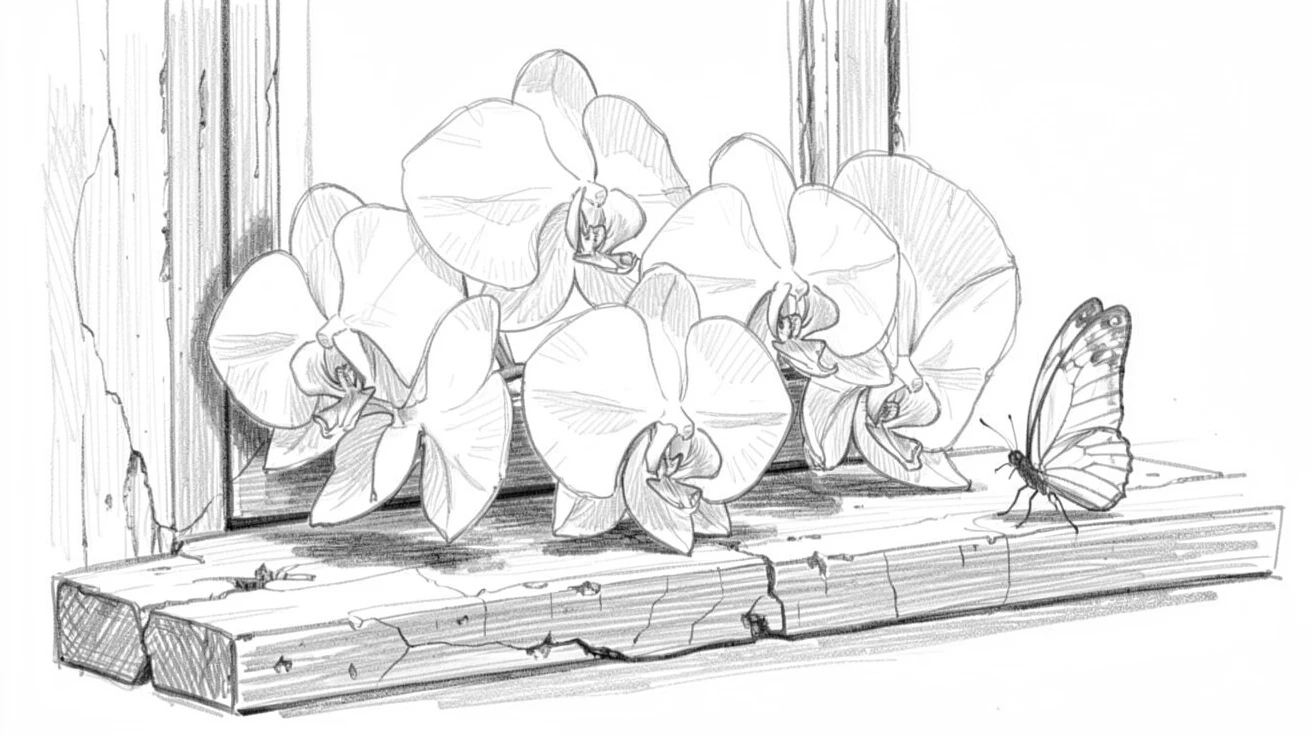 A cluster of white orchids on a weathered wooden windowsill, with a butterfly resting nearby.