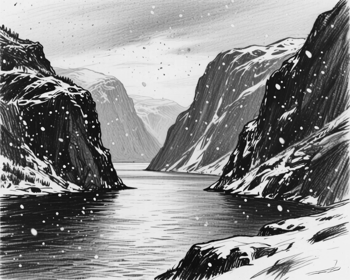 A quiet fjord as a light snow begins to fall.
