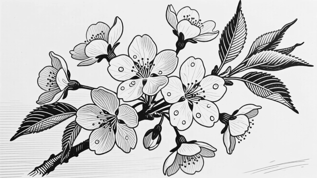 A spray of cherry blossoms framed by soft morning dew, with delicate veins visible in each leaf, composed in a classic and refined still-life arrangement.