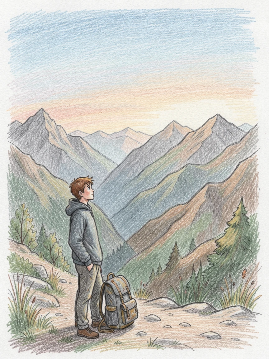 A traveler gazing out over a mountain vista with a backpack at his side, with expressive detail in the eyes and gentle facial features, celebrating everyday beauty and genuine emotion.