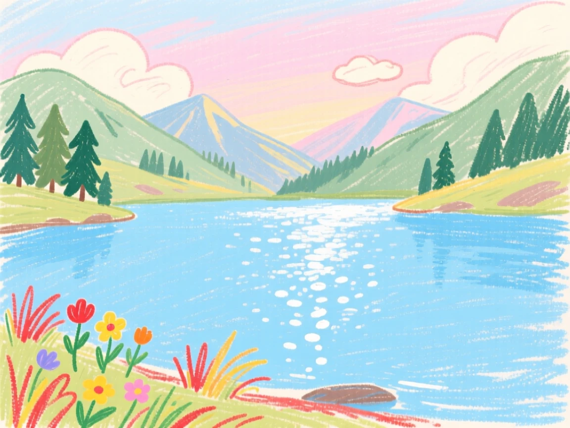 A view of a quiet alpine lake glistening with dew in the early morning quiet.