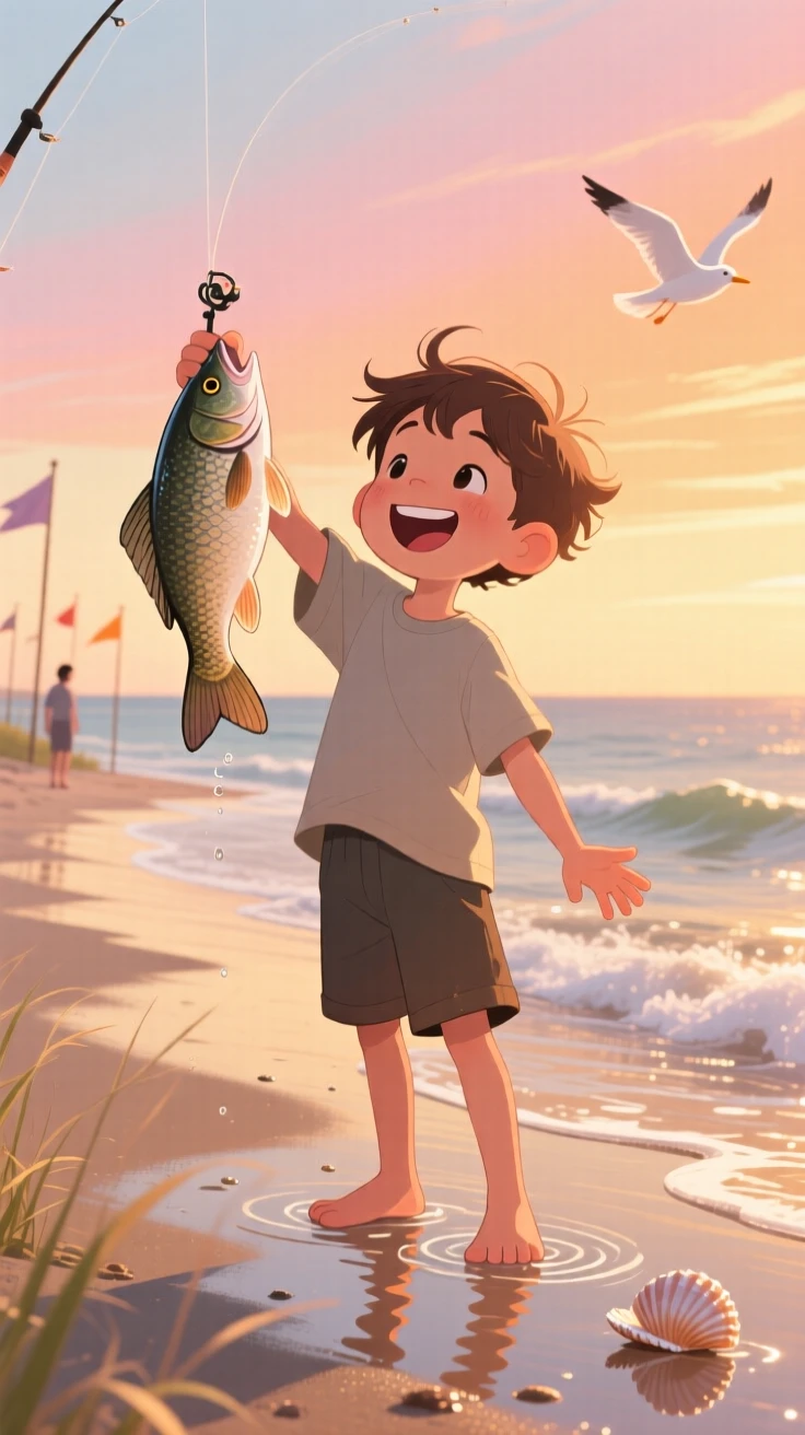 A young boy proudly holding up a fish he just caught, on a quiet beach at golden hour, framed to highlight connection between the people in the scene, with small joyful details like flying hair or bright laughter.