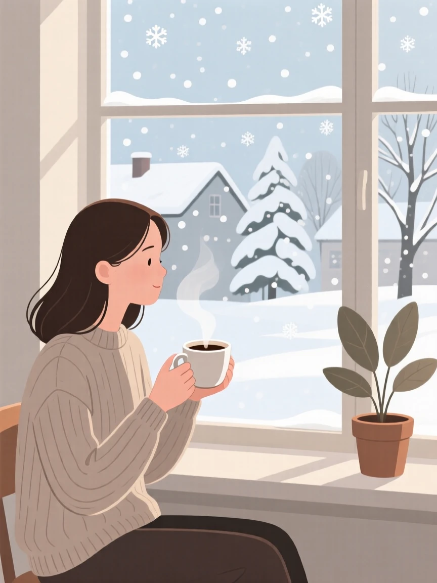A young woman enjoying a quiet cup of coffee by a window on a snowy morning.