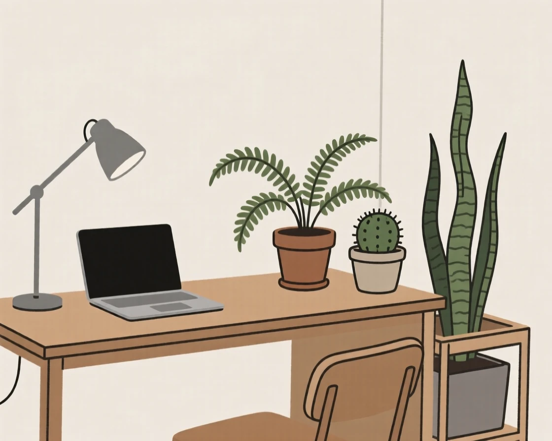 A tidy home office corner arranged near a small houseplant collection in a cabin retreat, expressing mindful presence.