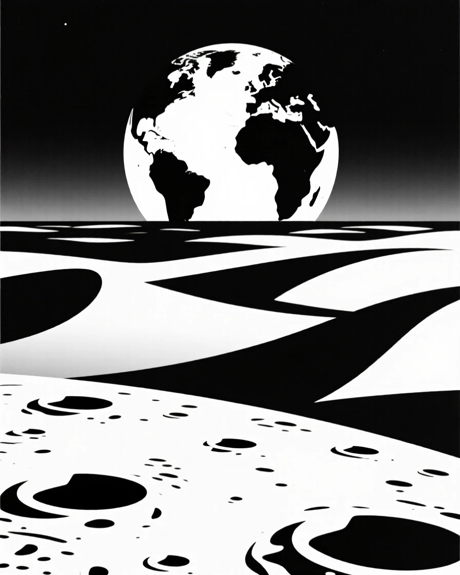 A lunar landscape with Earth rising in the distance.