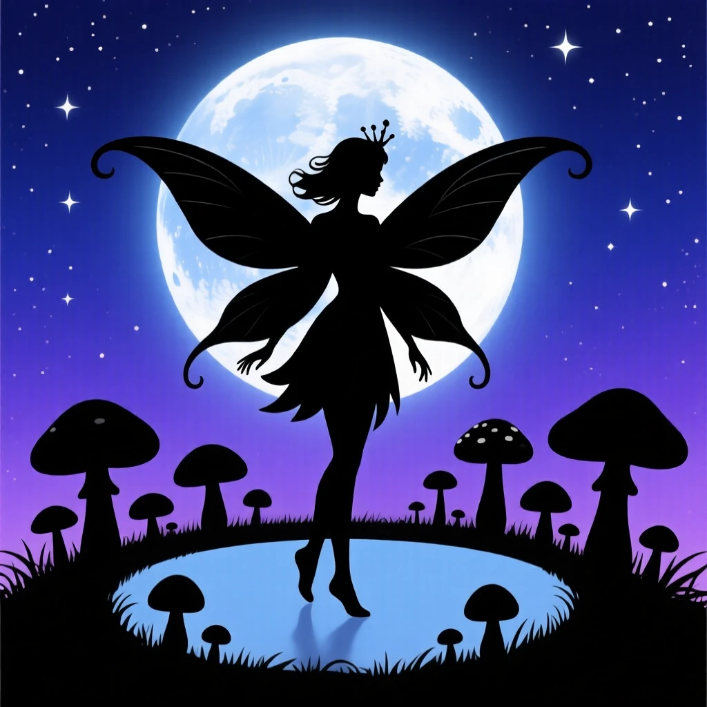 A fairy queen standing in a ring of toadstools, wings catching the moonlight.