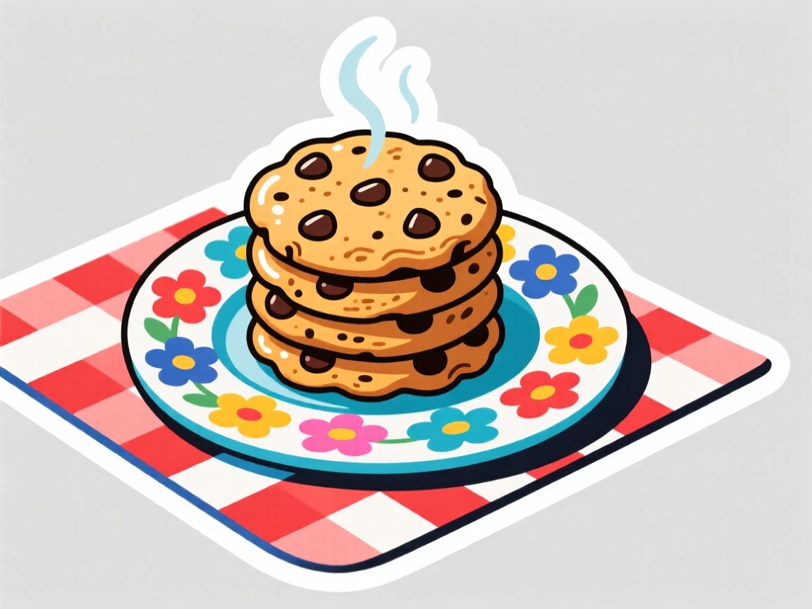 A colorful and vibrant stack of chocolate chip cookies fresh from the oven, placed on a floral patterned plate, on a checkered picnic blanket.