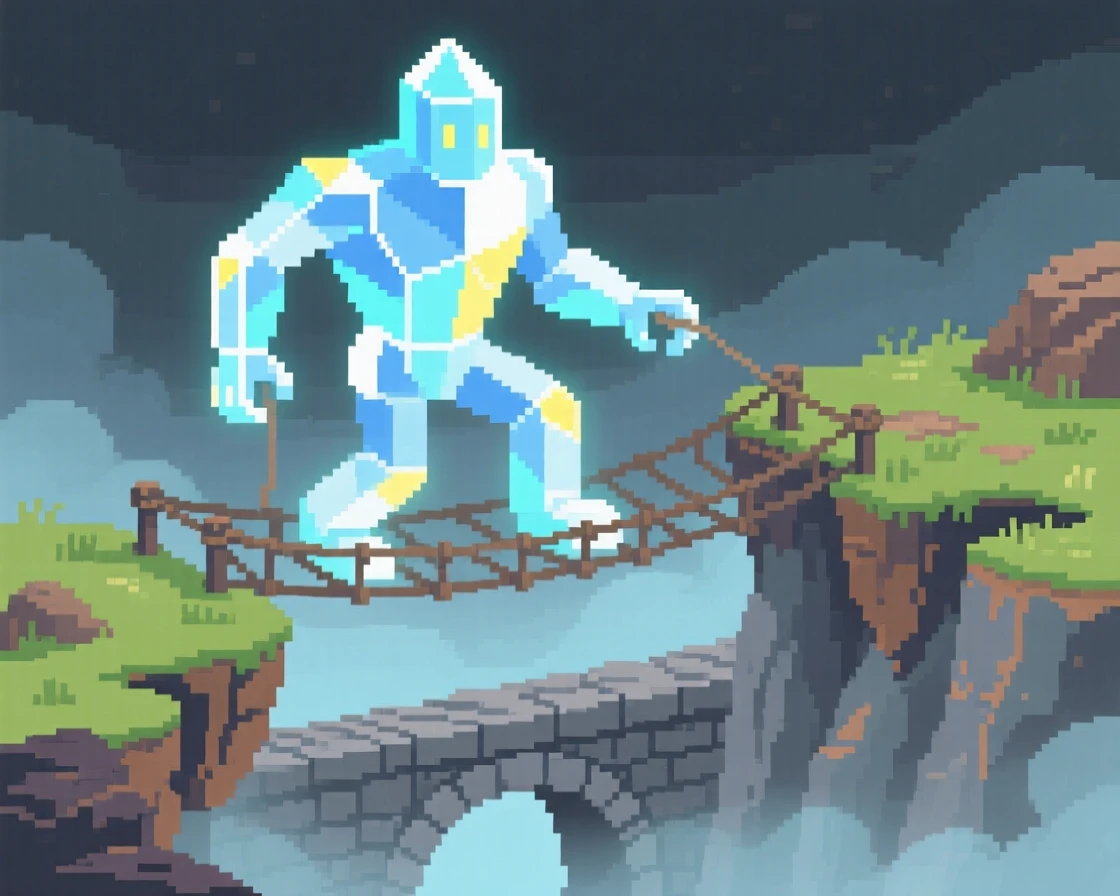 A crystal golem glowing from within crossing a rope bridge between floating islands, on a stone bridge over a misty ravine.